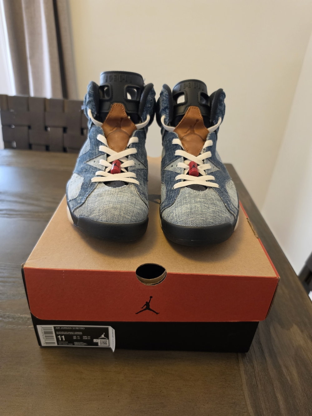 Jordan Men Denim High-Top Sneakers in Blue with Tan and Black